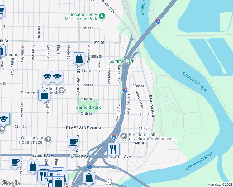 map of restaurants, bars, coffee shops, grocery stores, and more near 2206 Summit Avenue in Everett