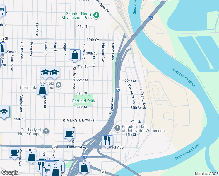map of restaurants, bars, coffee shops, grocery stores, and more near 2206 Summit Avenue in Everett