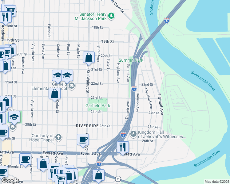 map of restaurants, bars, coffee shops, grocery stores, and more near 2208 Highland Avenue in Everett
