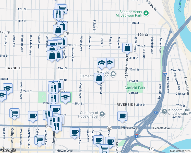 map of restaurants, bars, coffee shops, grocery stores, and more near 2209 Fulton Street in Everett