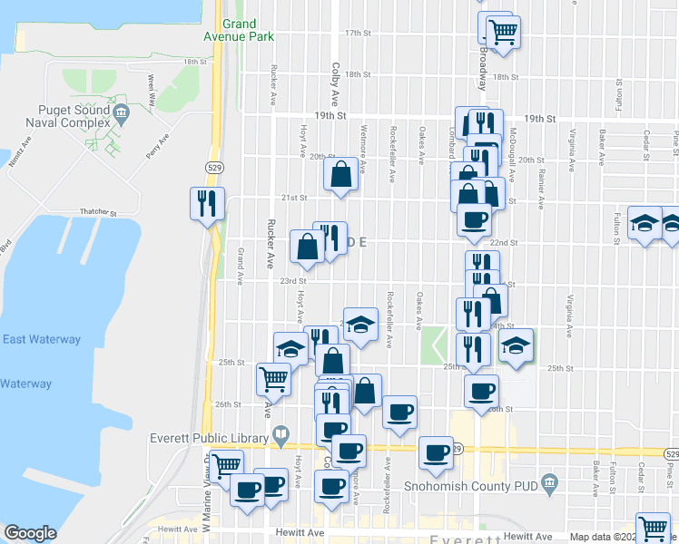 map of restaurants, bars, coffee shops, grocery stores, and more near 2215 Colby Avenue in Everett