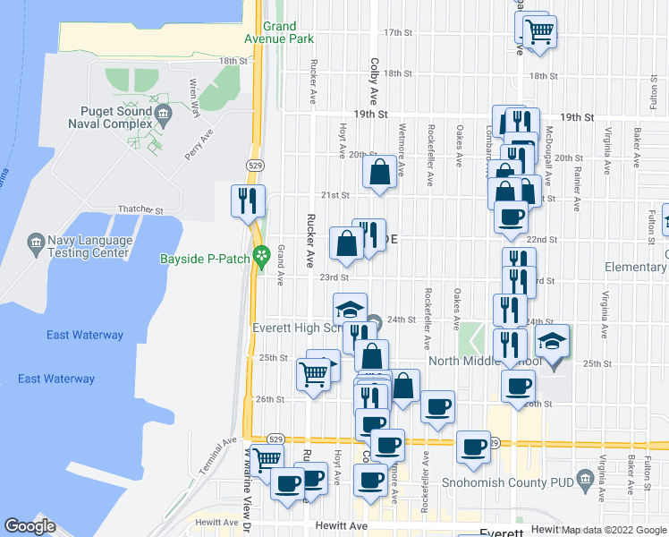 map of restaurants, bars, coffee shops, grocery stores, and more near 2215 Hoyt Avenue in Everett