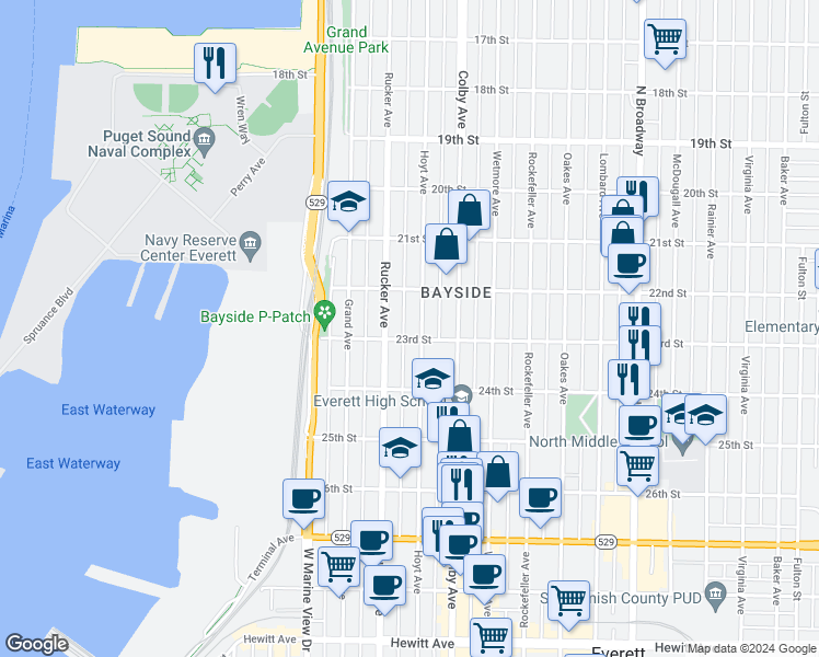 map of restaurants, bars, coffee shops, grocery stores, and more near 2219 Rucker Avenue in Everett