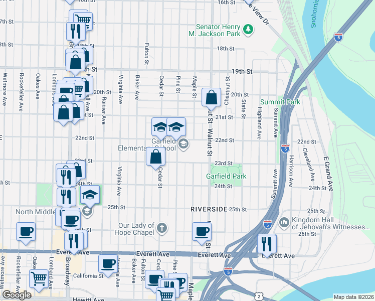 map of restaurants, bars, coffee shops, grocery stores, and more near 2215 Pine Street in Everett