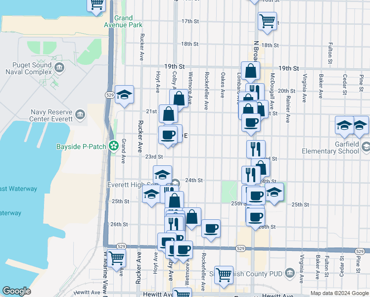 map of restaurants, bars, coffee shops, grocery stores, and more near 2215 Colby Avenue in Everett