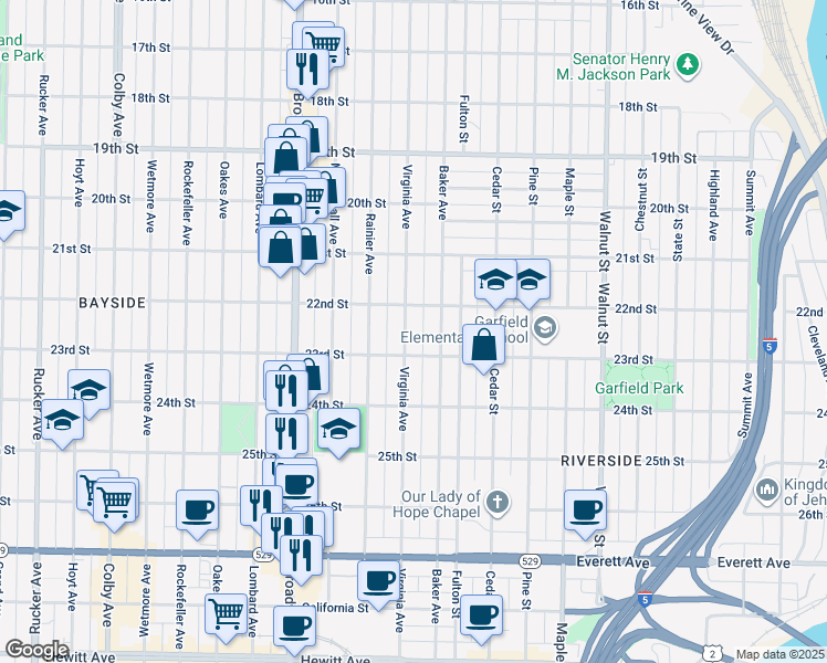 map of restaurants, bars, coffee shops, grocery stores, and more near 2217 Virginia Avenue in Everett