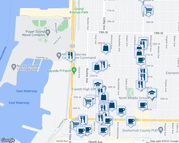 map of restaurants, bars, coffee shops, grocery stores, and more near 2221 Rucker Avenue in Everett
