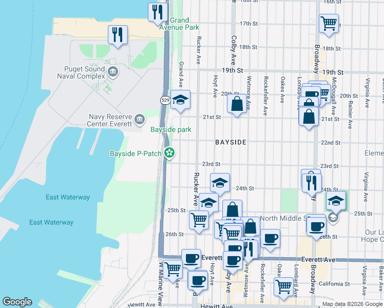 map of restaurants, bars, coffee shops, grocery stores, and more near 2219 Rucker Avenue in Everett