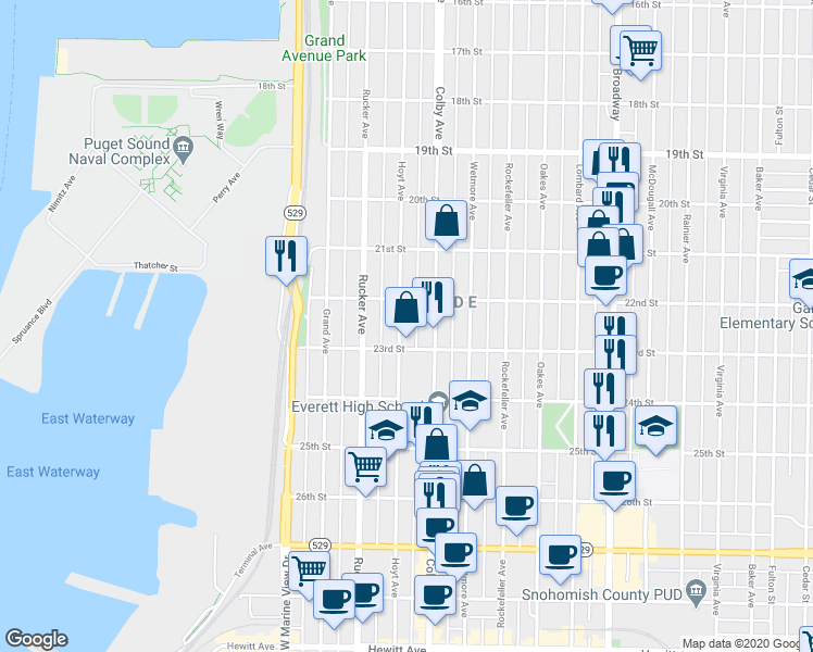 map of restaurants, bars, coffee shops, grocery stores, and more near 2217 Hoyt Avenue in Everett