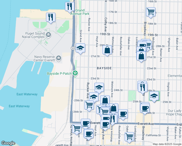 map of restaurants, bars, coffee shops, grocery stores, and more near 2219 Rucker Avenue in Everett