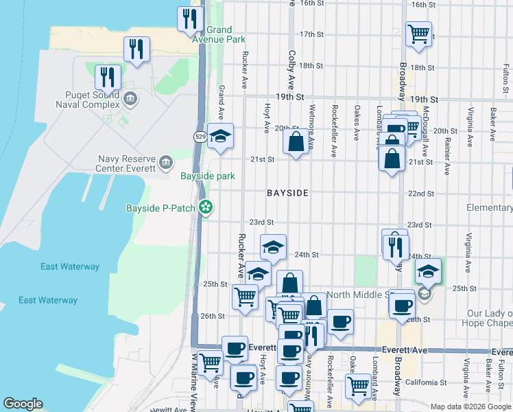 map of restaurants, bars, coffee shops, grocery stores, and more near 2219 Rucker Avenue in Everett