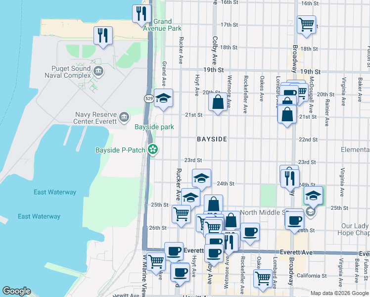 map of restaurants, bars, coffee shops, grocery stores, and more near 2219 Rucker Avenue in Everett