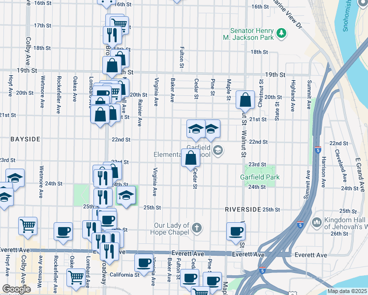 map of restaurants, bars, coffee shops, grocery stores, and more near 2209 Fulton Street in Everett