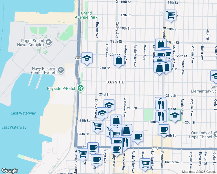 map of restaurants, bars, coffee shops, grocery stores, and more near 2215 Hoyt Avenue in Everett