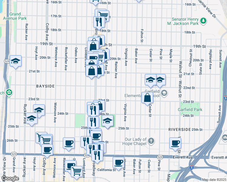 map of restaurants, bars, coffee shops, grocery stores, and more near 2212 Rainier Avenue in Everett