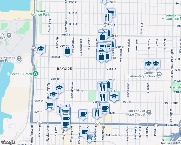 map of restaurants, bars, coffee shops, grocery stores, and more near 2211 Oakes Avenue in Everett
