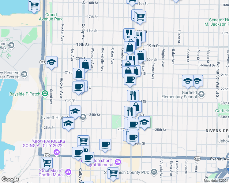 map of restaurants, bars, coffee shops, grocery stores, and more near 2209 Oakes Avenue in Everett