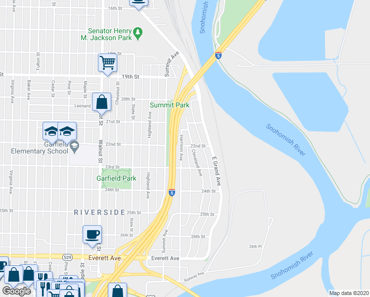 map of restaurants, bars, coffee shops, grocery stores, and more near 2201 Harrison Avenue in Everett