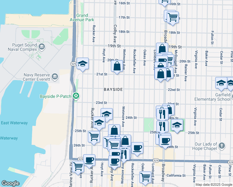 map of restaurants, bars, coffee shops, grocery stores, and more near 2209 Colby Avenue in Everett