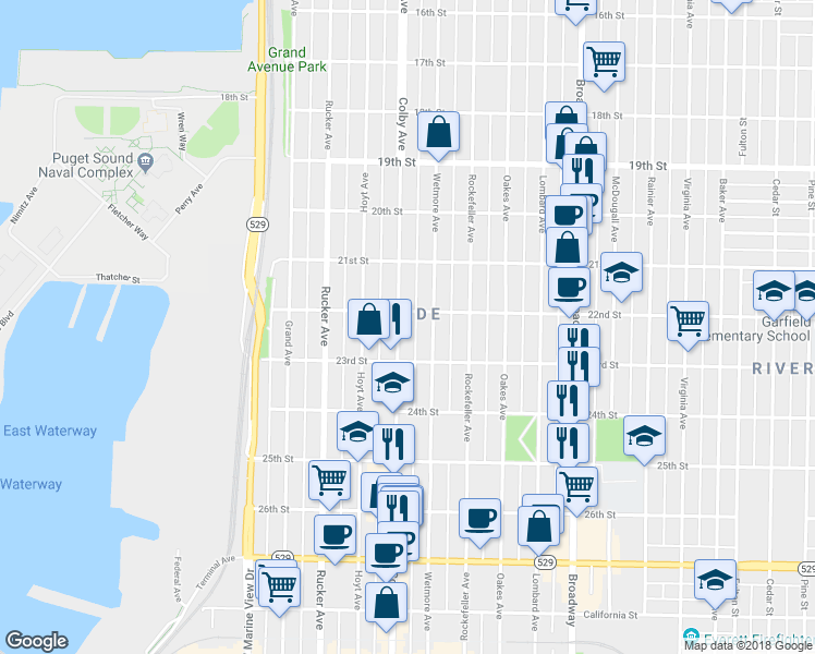 map of restaurants, bars, coffee shops, grocery stores, and more near 2215 Colby Avenue in Everett