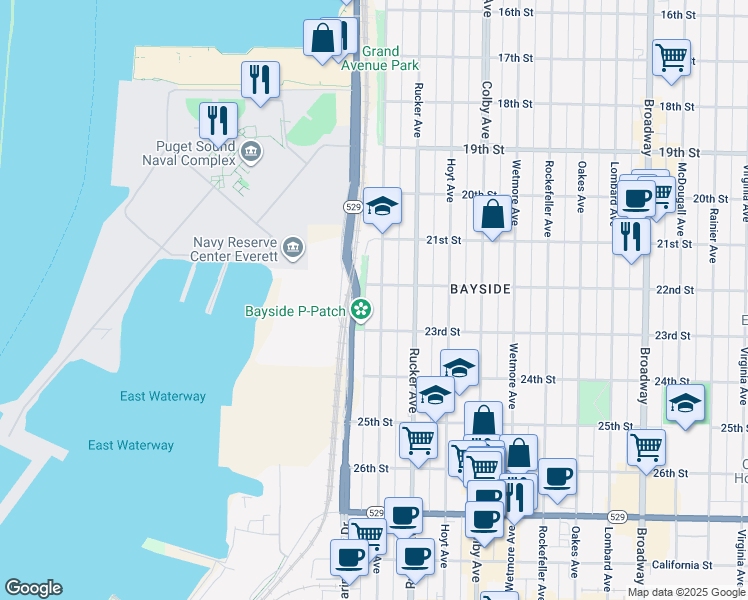 map of restaurants, bars, coffee shops, grocery stores, and more near 2210 Grand Avenue in Everett
