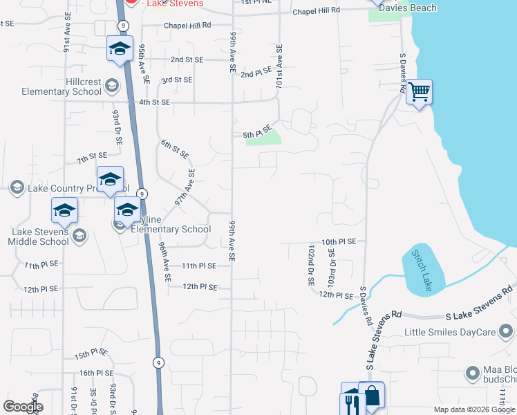 map of restaurants, bars, coffee shops, grocery stores, and more near 825 99th Avenue Southeast in Lake Stevens