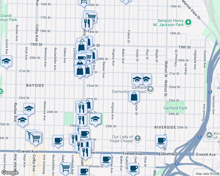 map of restaurants, bars, coffee shops, grocery stores, and more near 2312 22nd Street in Everett
