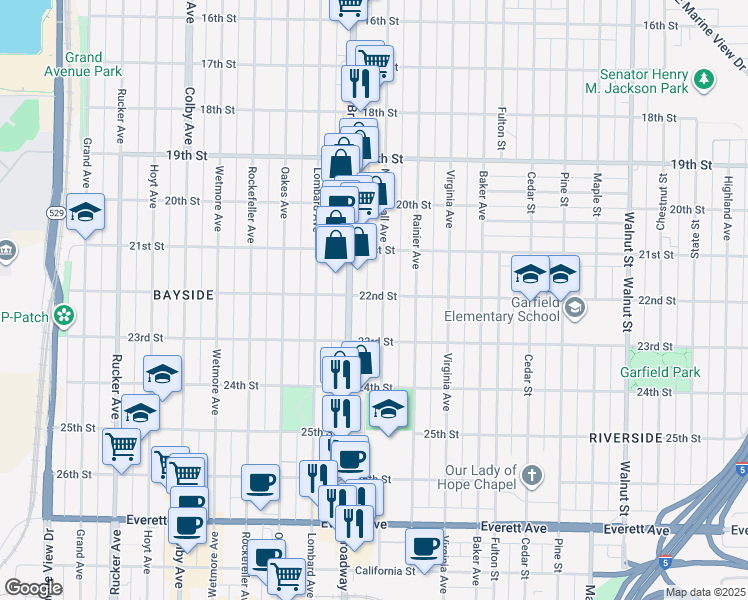 map of restaurants, bars, coffee shops, grocery stores, and more near 2209 Broadway in Everett