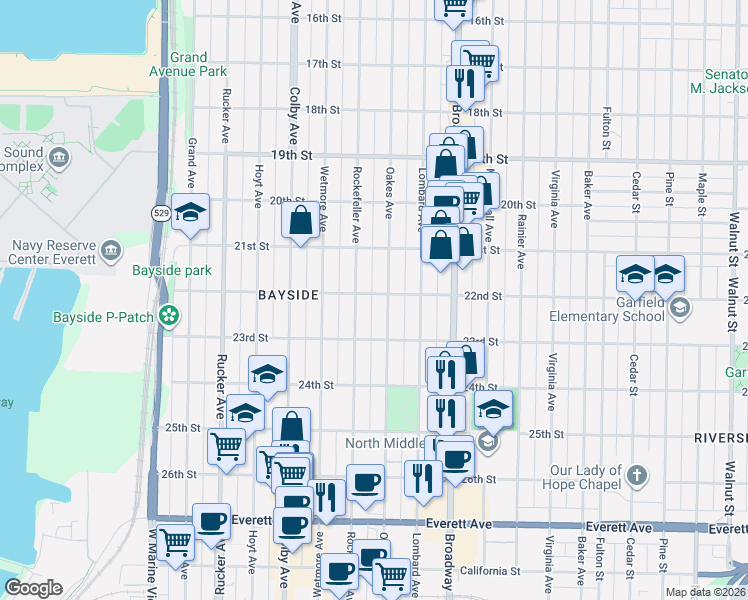 map of restaurants, bars, coffee shops, grocery stores, and more near 1812 22nd Street in Everett