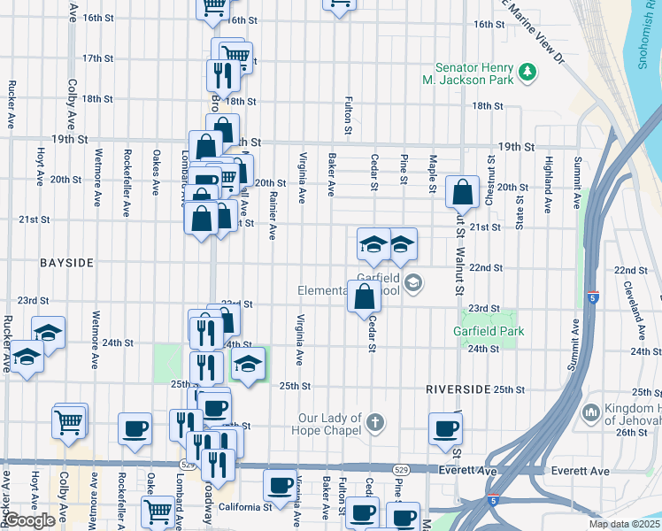 map of restaurants, bars, coffee shops, grocery stores, and more near Baker Avenue in Everett