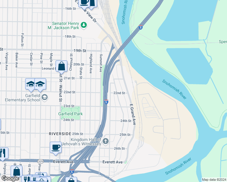 map of restaurants, bars, coffee shops, grocery stores, and more near 2201 Harrison Avenue in Everett