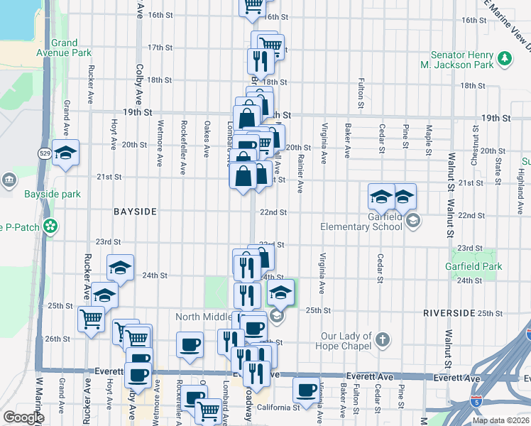 map of restaurants, bars, coffee shops, grocery stores, and more near in Everett