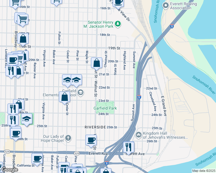 map of restaurants, bars, coffee shops, grocery stores, and more near 2133 Chestnut Street in Everett