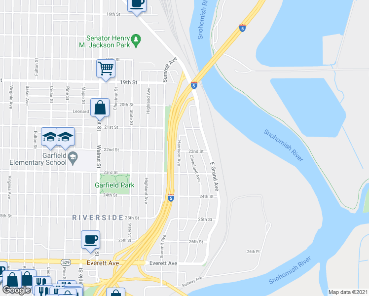 map of restaurants, bars, coffee shops, grocery stores, and more near 3605 22nd Street in Everett