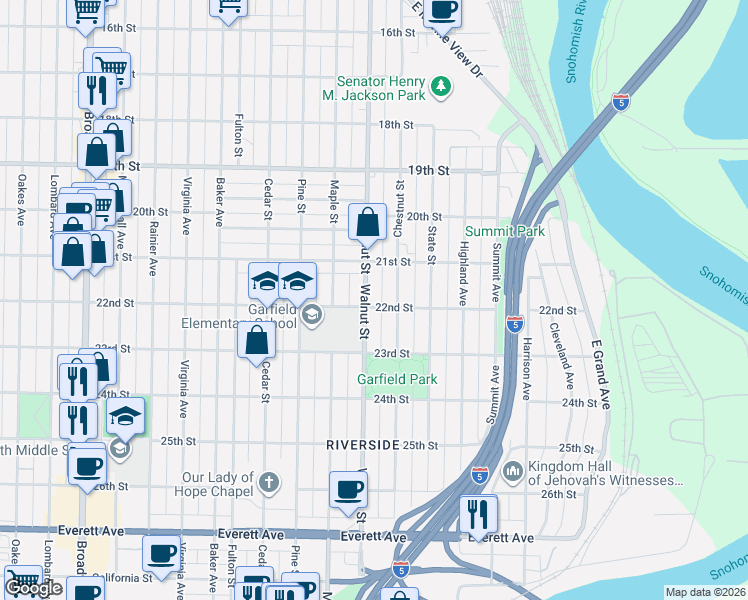 map of restaurants, bars, coffee shops, grocery stores, and more near 2202 Chestnut Street in Everett