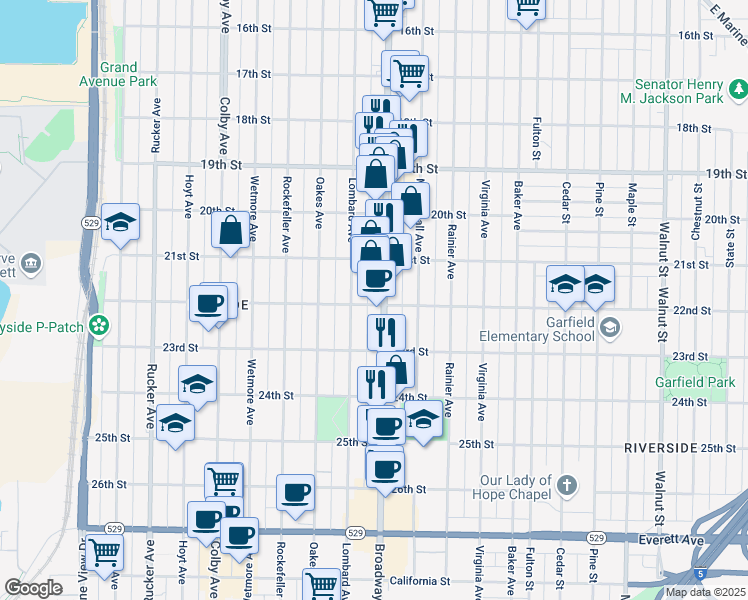 map of restaurants, bars, coffee shops, grocery stores, and more near in Everett