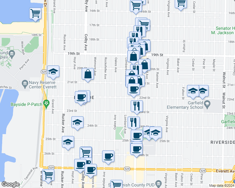 map of restaurants, bars, coffee shops, grocery stores, and more near 2127 Oakes Avenue in Everett