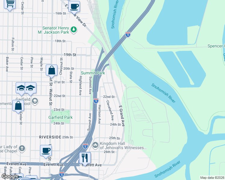 map of restaurants, bars, coffee shops, grocery stores, and more near 2104 East Grand Avenue in Everett
