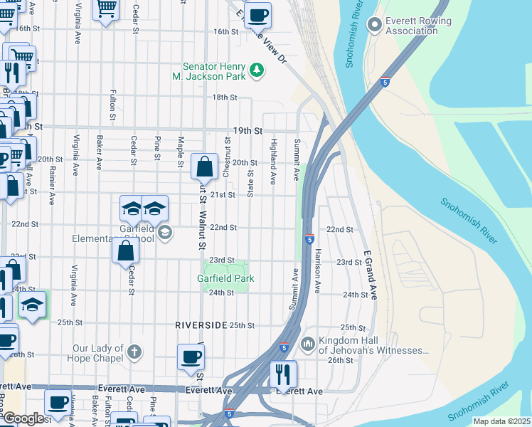 map of restaurants, bars, coffee shops, grocery stores, and more near 2102 Highland Avenue in Everett