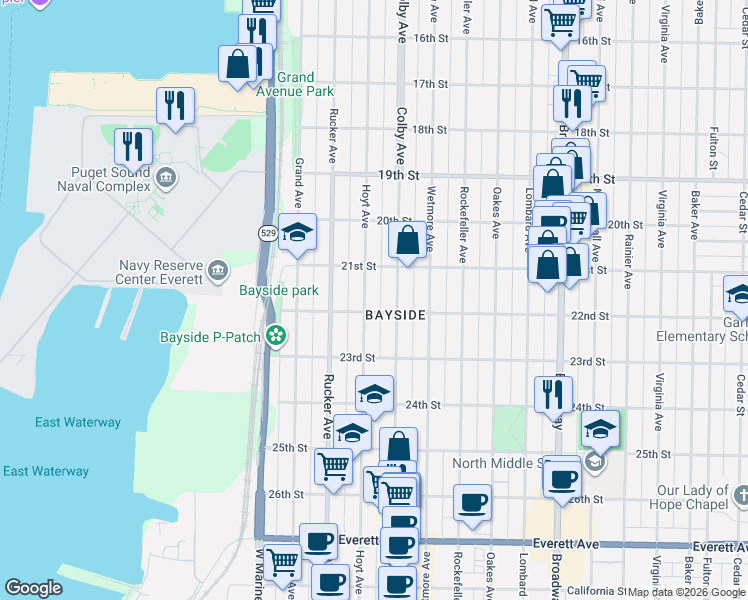 map of restaurants, bars, coffee shops, grocery stores, and more near 2107 Hoyt Avenue in Everett