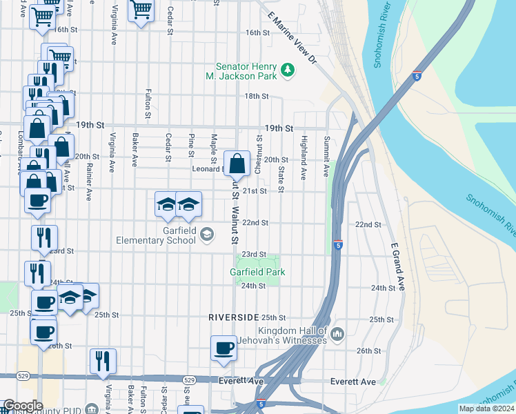 map of restaurants, bars, coffee shops, grocery stores, and more near 2121 Chestnut Street in Everett