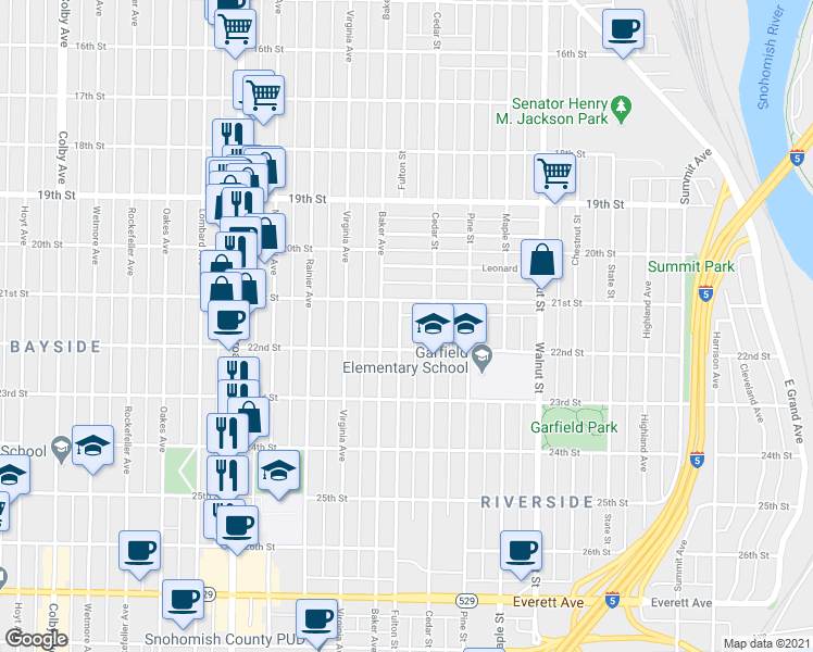 map of restaurants, bars, coffee shops, grocery stores, and more near 2706 21st Street in Everett