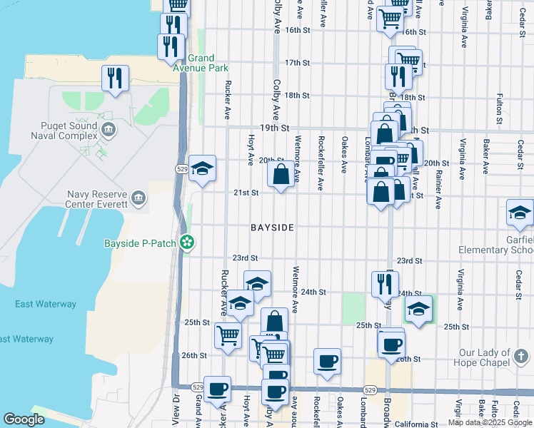map of restaurants, bars, coffee shops, grocery stores, and more near 2107 Hoyt Avenue in Everett