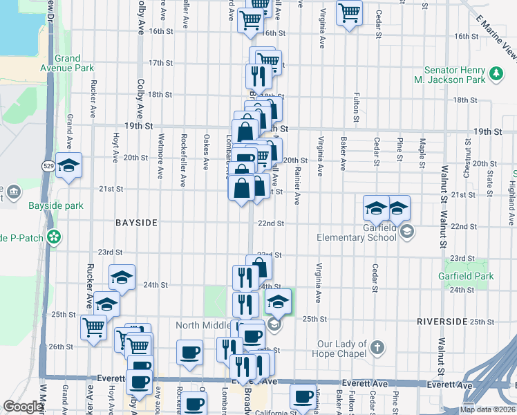 map of restaurants, bars, coffee shops, grocery stores, and more near 2108 McDougall Avenue in Everett