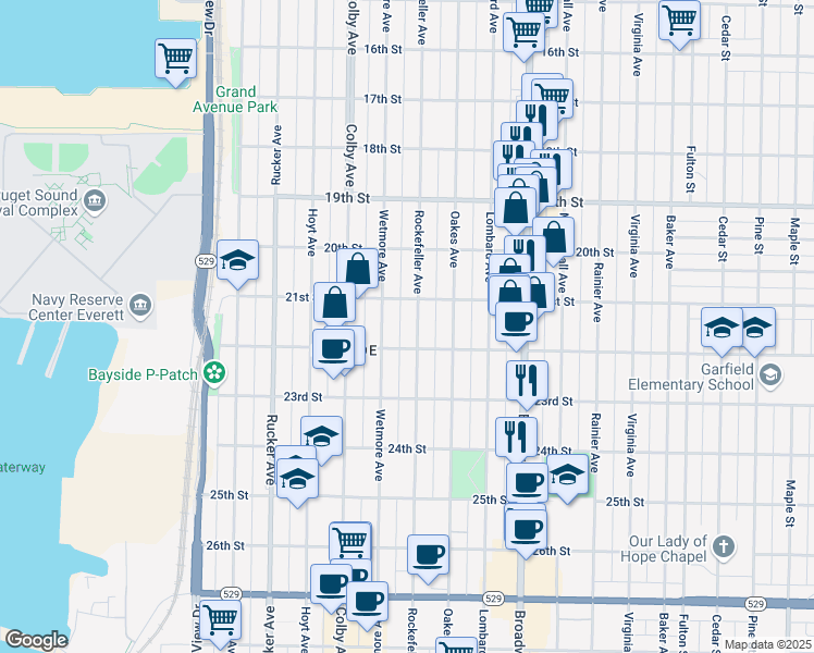 map of restaurants, bars, coffee shops, grocery stores, and more near 2105 Wetmore Avenue in Everett