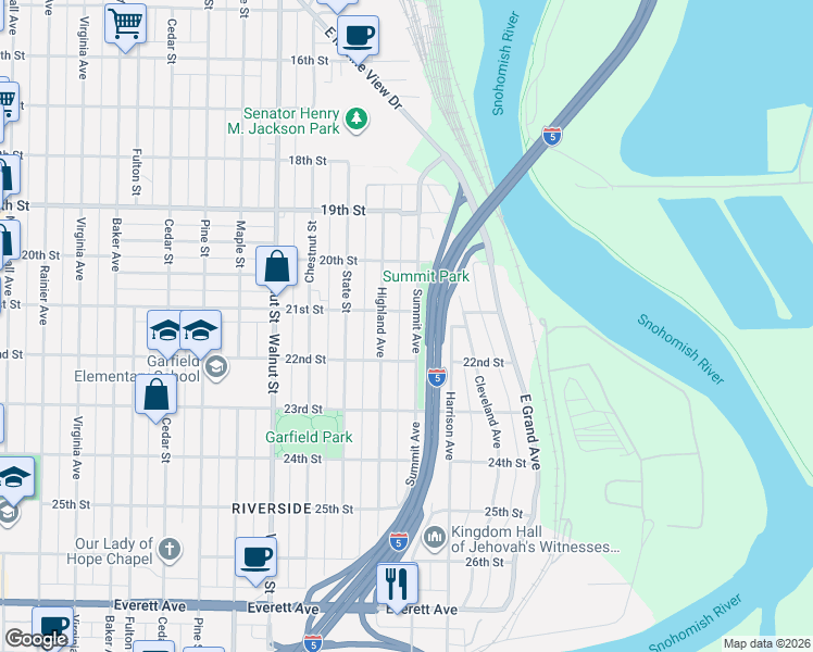 map of restaurants, bars, coffee shops, grocery stores, and more near 2108 Summit Avenue in Everett