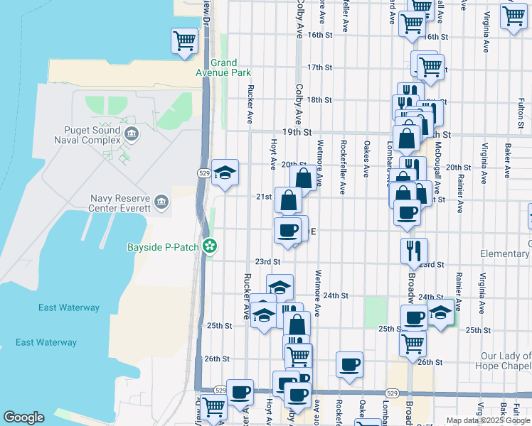 map of restaurants, bars, coffee shops, grocery stores, and more near 2107 Hoyt Avenue in Everett