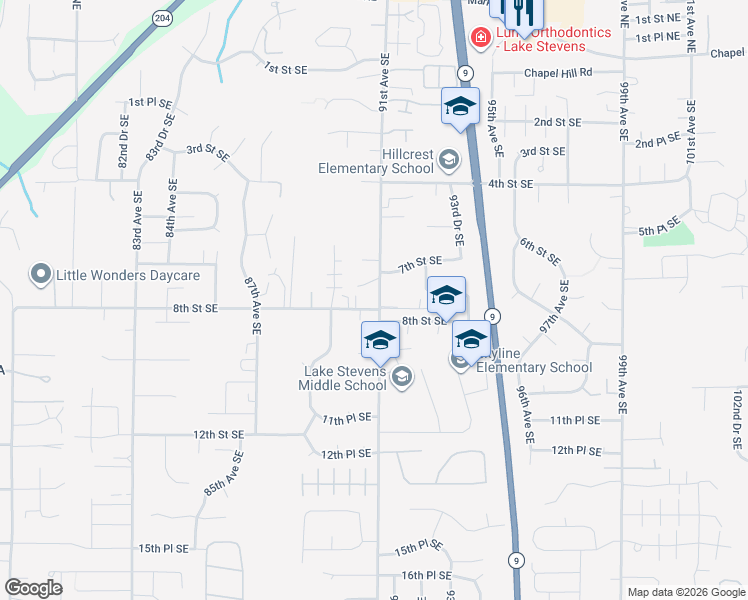 map of restaurants, bars, coffee shops, grocery stores, and more near 728 91st Avenue Southeast in Lake Stevens