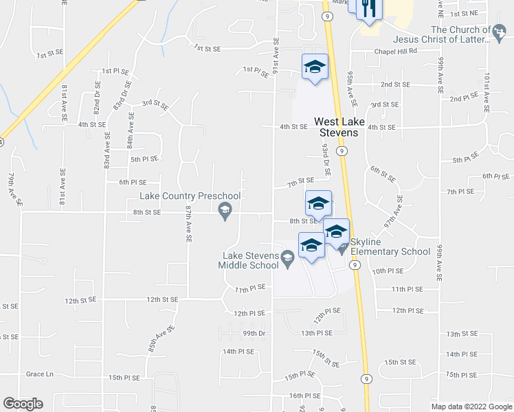 map of restaurants, bars, coffee shops, grocery stores, and more near 9005 8th Street Southeast in Lake Stevens