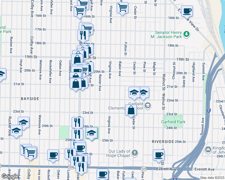 map of restaurants, bars, coffee shops, grocery stores, and more near 2109 Virginia Avenue in Everett